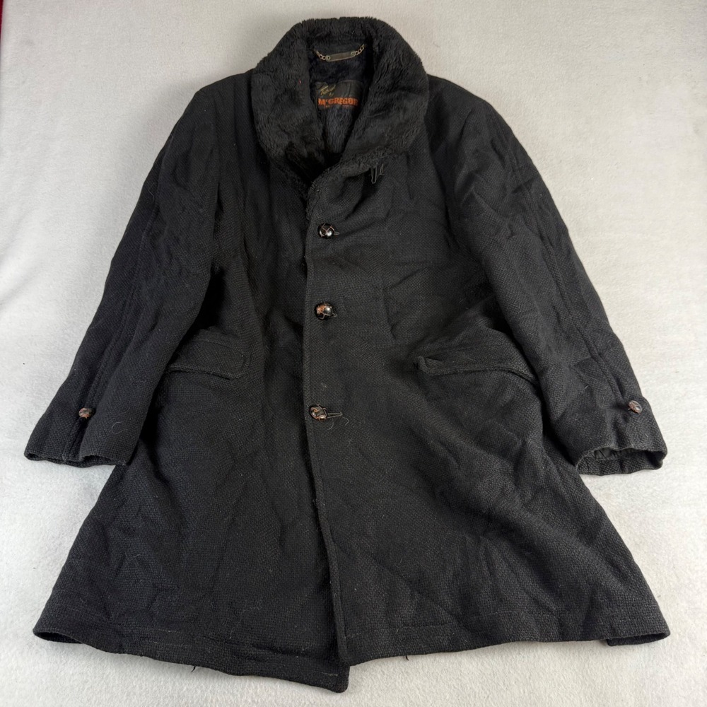 Vintage McGregor Mens Black Wool Faux Fur Lined Overcoat Car Coat Size 40 USA